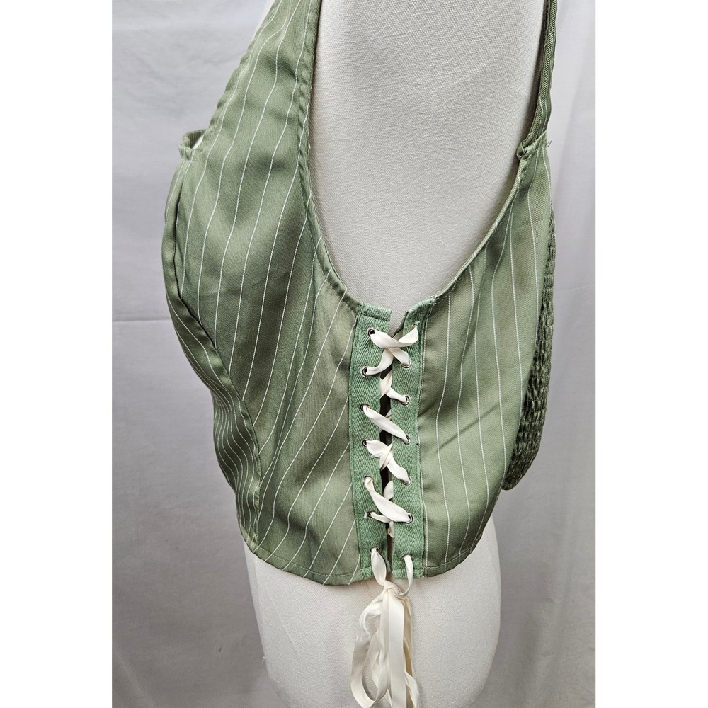 Cider Green Pinstripe Lace Up Side Corset Top Smocked Back 1XL Boho Cottagecore - Picture 3 of 6
